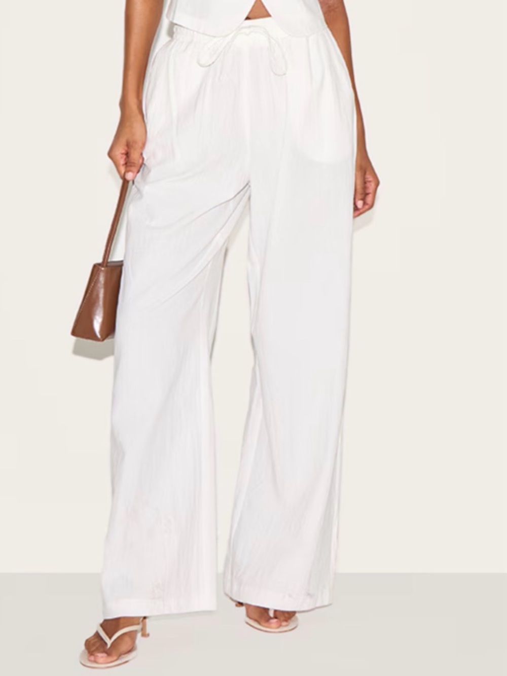 PrettyLittleThing White Linen Look Tailored Draw String Wide Leg Trouser